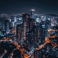 Naklejka premium Stunning nightscape of a modern city with illuminated skyscrapers and urban vibrance