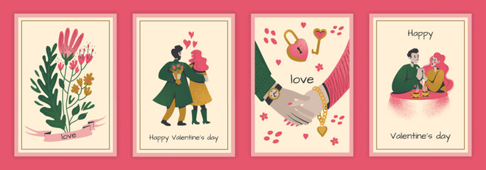Happy Valentines day. Spring holiday card or poster collection. Romantic relationships, couple hugging. Botanical decor. Man and woman in cafe on date. Vector cartoon flat style isolated illustration