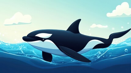 Obraz premium A stylized illustration of an orca swimming in vibrant ocean waters.