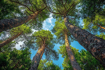 Fototapeta premium Tall pine trees reaching towards a clear sky in a forest setting