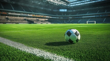 well-maintained soccer ball placed in the center of a lush green field,