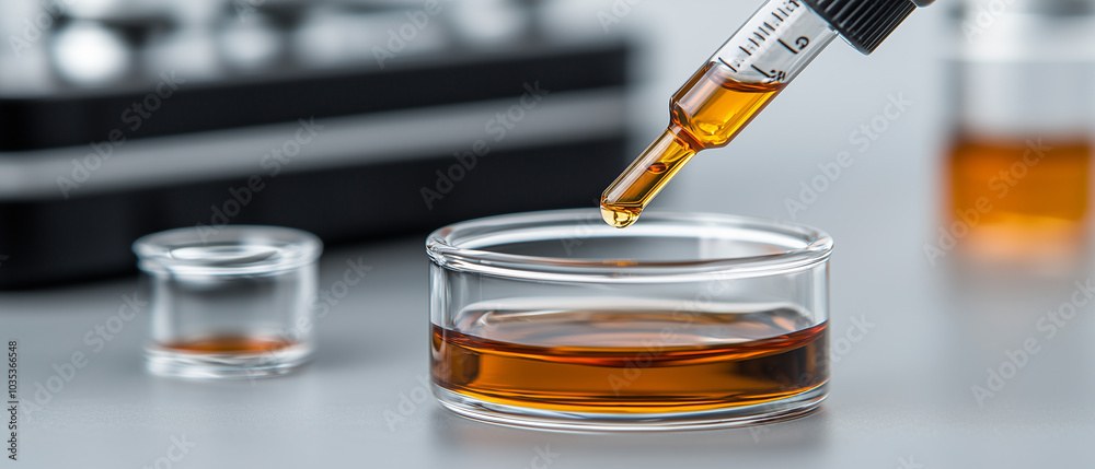 Poster close up of dropper dispensing liquid into glass container, showcasing precision of blending process
