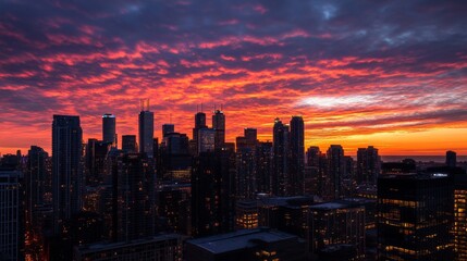 Fototapeta premium Cityscape Skyline with Dramatic Red Sunset Sky