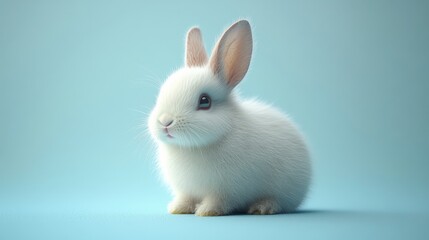 Fototapeta premium A white rabbit is sitting on a blue surface