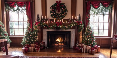 A mantel decorated with Christmas garlands, candles, and a wreath, with a roaring fireplace below, filling the room with warmth and holiday spirit.