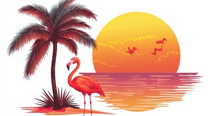 A vibrant sunset scene featuring a flamingo and palm tree by the water.