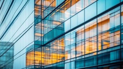 Obraz premium A Modern Glass Facade of a Building with Reflections of the Sky and Interior Lights