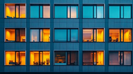 Illuminated Office Windows in a Modern Building at Dusk