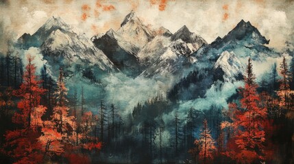 Captivating nature scenery with pastel mountains depicted in an elegant ink painting style, combining elements from Chinese and Japanese artistic traditions.
