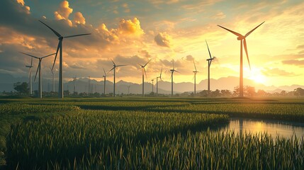 Row of wind turbines in a field at sunset, harnessing clean energy from the wind
