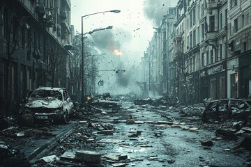 Fototapeta premium A once-bustling city street lies in ruins after a massive explosion
