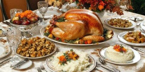 A beautifully set Thanksgiving dinner table, filled with a golden roasted turkey, stuffing, mashed potatoes, and a variety of autumn-themed dishes.
