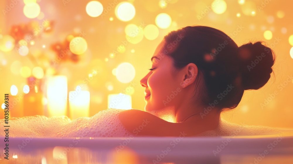 Poster a woman enjoys a soothing bath filled with bubbles, smiling peacefully as warm candlelight and soft 