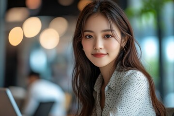 Obraz premium Asian businesswoman working on laptop in office, Generative AI