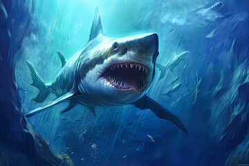 Fototapeta premium Shark is swimming in the ocean with its mouth open.