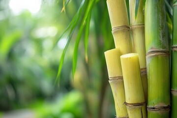 Fototapeta premium Sugarcane in Tropical Garden. Fresh Bamboo Plant in Lush Green Forest Setting