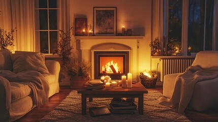 Fototapeta premium Interior of the living room with a fireplace. 3D rendering.