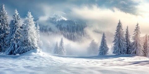Fototapeta premium A magical winter scene of snow-covered trees in a mountain valley, with mist hanging low over the landscape and untouched snow on the ground.