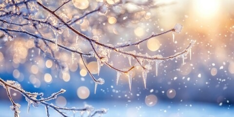 A close-up of snow-laden tree branches, with icicles hanging and delicate snowflakes sparkling in the cold winter light.