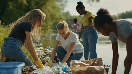 A community clean-up event by a riverbank, with people of various ages and backgrounds collecting trash and sorting recyclables; the image reflects unity in eco-consciousness and environmental 