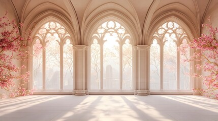 Fototapeta premium Serene Gothic Architecture with Blossoming Trees