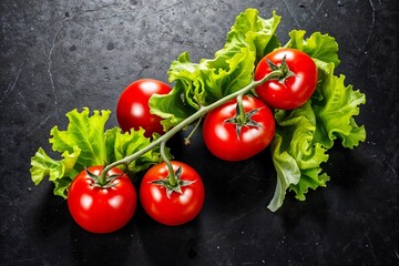 Fresh lettuce and ripe tomatoes on a dark surface, highlighting their vibrant colors and freshness.