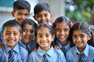 A lively group portrait of Indian children, all in school uniforms, smiling together.
