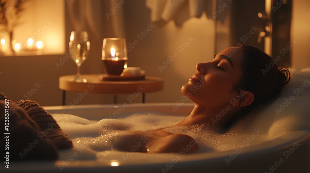 Poster a woman enjoys a calming bubble bath, illuminated by soft candlelight. the warm setting creates a se
