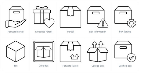 A set of 10 mix icons as forward parcel, favorite parcel, parcel