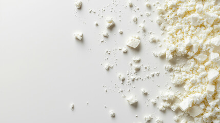 Crumbled feta cheese on white background with copy space for text, culinary concept, top view