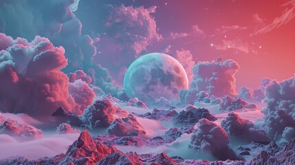 Dreamy Landscape with a Full Moon and Pink Clouds