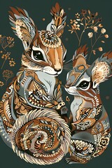 Vertical Folklore Illustration of Squirrel Family, Embellished with Floral Patterns in Warm Tones, Symbolizing Family, Love. Mother Day