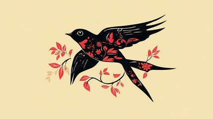 Fototapeta premium Stylized Dark Swallow Logo in Ethnic Folk Art Style
