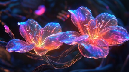 Experience a mesmerizing floral sculpture with holographic flowers that shift colors, accented by bioluminescent highlights, set against a dark, dreamy backdrop.