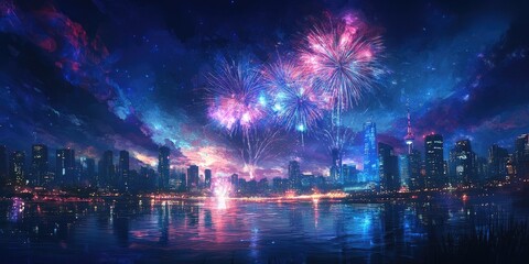 A breathtaking fireworks display lighting up the night sky over a cityscape, with reflections on a nearby body of water.