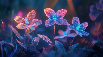 Experience a mesmerizing floral sculpture with holographic flowers that shift colors, accented by bioluminescent highlights, set against a dark, dreamy backdrop.