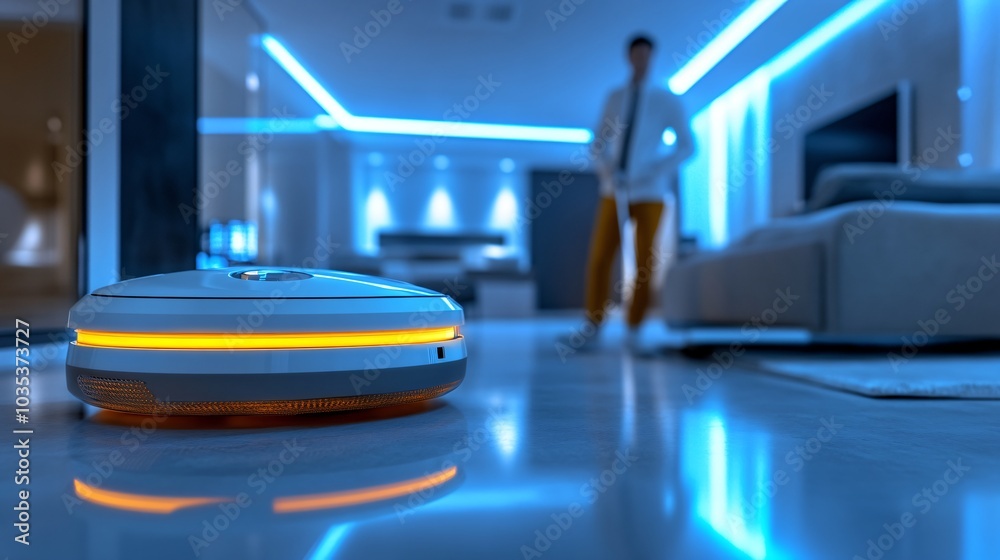 Poster Autonomous assistant cleaning a smart home with futuristic technology in the background Stock Photo with side copy space