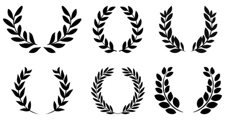 Set of black silhouette circular laurel foliate icons