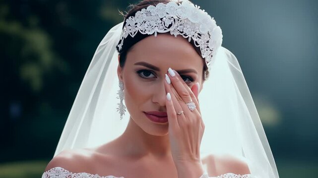 bride with a sorrowful expression wipes away tears, showing signs of disappointment and sadness on her wedding day