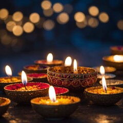 Obraz premium Homes beautifully decorated with lights and diyas for a festive Diwali