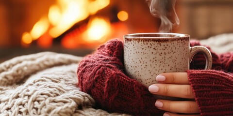 A persons hands wrapped around a warm mug of hot cider, sitting by a cozy fireplace with a soft blanket in the background.