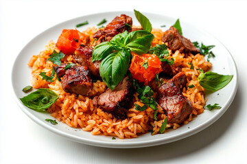 Fototapeta premium Rice with roasted duck, isolated on white background