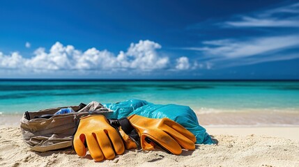Obraz premium Orange gloves and trash bag on beach sand for ocean cleanup initiative