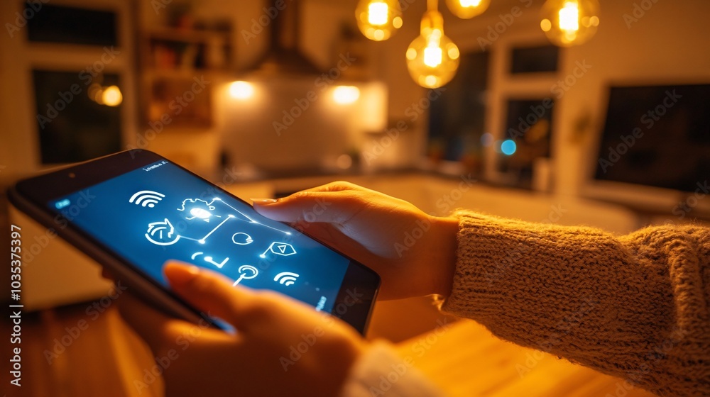 Poster Autonomous assistant adjusting lighting settings in a smart home with bright decor Stock Photo with side copy space