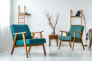 A wooden armchair and chair blend seamlessly with a simple, white backdrop