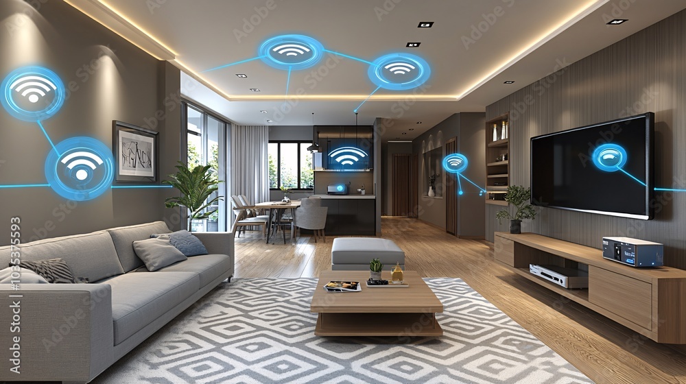 Poster Autonomous assistant adjusting lighting settings in a smart home with bright decor Stock Photo with side copy space