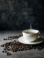 Coffee cup and coffee beans on gray background, Black coffee cup aromatic