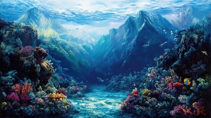 Underwater Mountain. Scenic Dive in Coral Reef with Ocean Fish