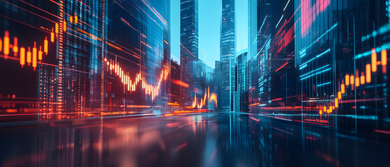 Fototapeta premium Futuristic Business & Stock Investment Visuals: High-Tech, Neon-Lit Financial Concepts with Modern Urban Backdrops