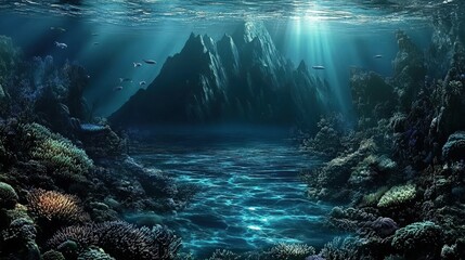 Obraz premium Underwater Mountain - Diving into Coral Ocean Scenery with Fish and Colorful Reef